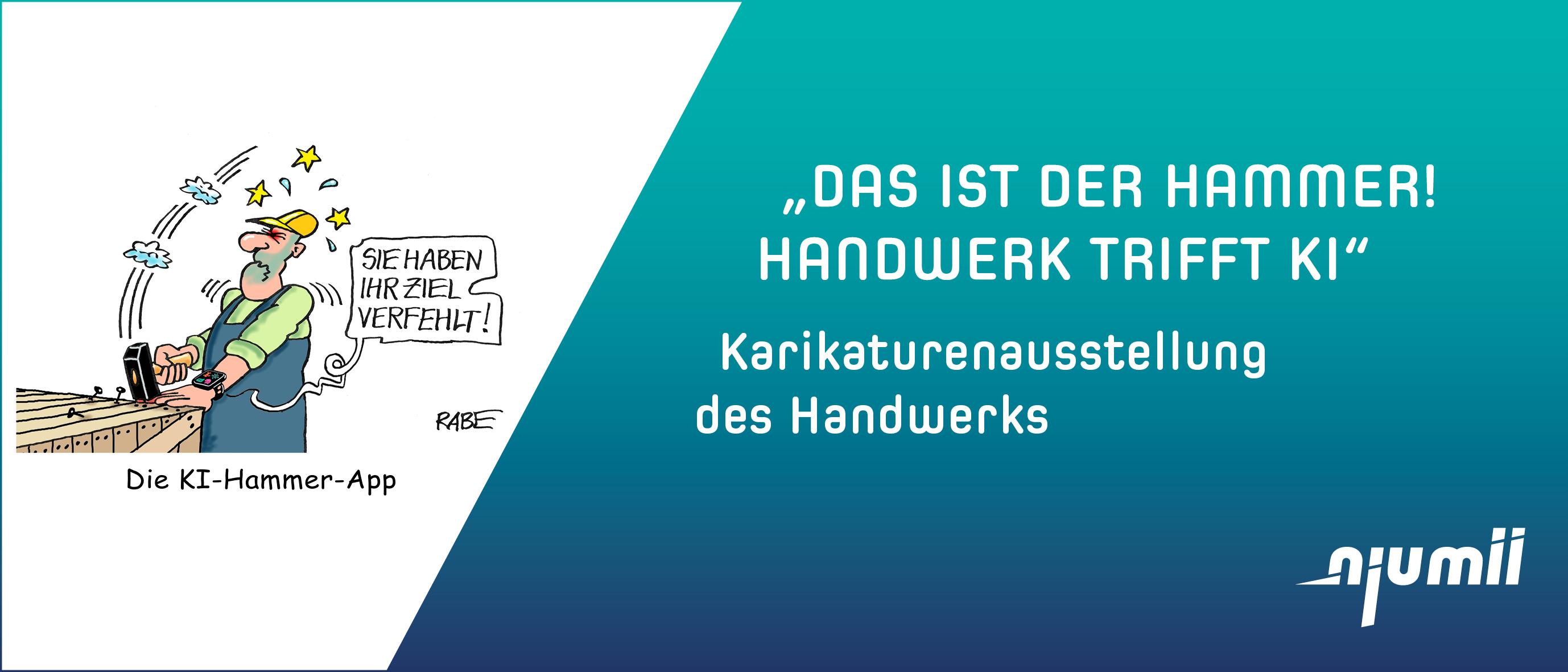 Comiczeichnung einer männlichen Person in Bauuniform, die mit der linken Hand, die eine Smartwatch trägt, einen Nagel hält und mit der rechten Hand mit einem Hammer auf den Nagel und die haltende Hand schlägt.  Neben der Smartwatch steht eine Sprechblase \"Sie haben Ihr Ziel verfehlt\". Darunter der Untertitel \"Die KI-Hammer-App\"